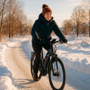 Kvinde cykler på sneklædt sti i vintersolskind, iført vinterjakke og hue.