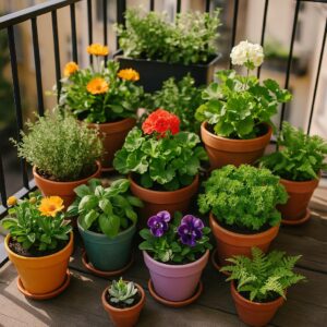 Farverige planter i krukker på en altan. Blomster og urter i sollys.
