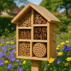 Insekthotel i en blomsterhave med bier, indeholder forskellige sektioner med grene, kogler og træpinde.