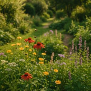 Blomstereng med røde, gule og lilla blomster i sollys, stier bagved.