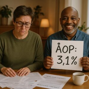 En mand smiler med et skilt med 'ÅOP: 3,1%', mens en kvinde ser bekymret ud ved lånedokumenter.