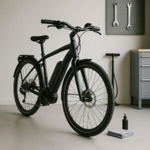 Moderne sort elcykel i garage med værktøj og pumpe i baggrunden.