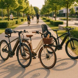 Tre moderne cykler parkeret på en solrig sti omgivet af grønne træer og folk der cykler i baggrunden.