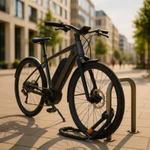 Sort elcykel låst til et cykelstativ på en byvej i solen.