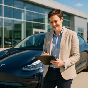 Mand i beige jakkesæt står smilende foran en Tesla og skriver på en notesblok.