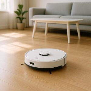Robotstøvsuger rengør stue på trægulv foran en sofa.