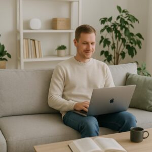 Mand sidder på sofa og arbejder på bærbar i stue med planter og bogreol.