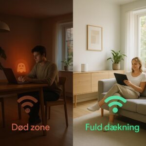 Mand i dødzonen uden internetforbindelse, kvinde med stærk wi-fi dækning i stue.