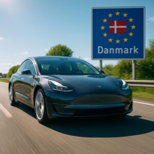Tesla kører på motorvej i Danmark foran skilt med EU og Danmarks flag.