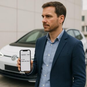 Mand i blå blazer holder en smartphone med 'Tekliste – EbH' foran en hvid bil.