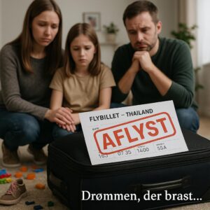 En trist familie sidder foran en kuffert med en aflyst flybillet til Thailand. Drømmen, der brast.