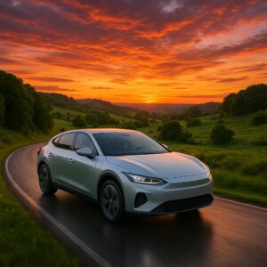 Sølvfarvet sportsvogn på vej gennem grønt landskab ved solnedgang, der fremhæver bilens elegante design.