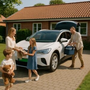 Familie, klar til biltur, står ved bilen foran deres hus, faderen pakker en køletaske ind i bilen, moderen giver datteren et tæppe.