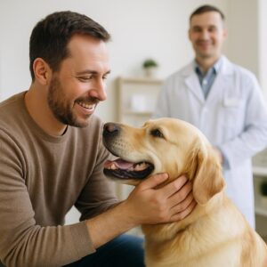 Mand smiler og kæler med en Golden Retriever hos dyrlægen med en veterinær observerende i baggrunden.