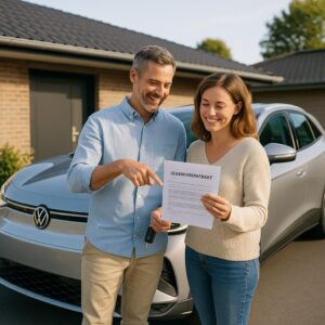 Par står ved Volkswagen med leasingkontrakt, smiler og viser glæde.