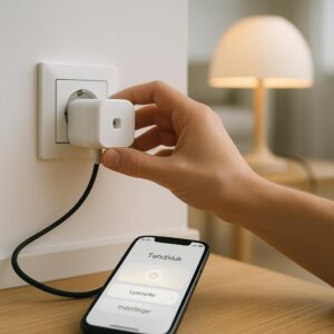 Hånd tilslutter en smart stikkontakt i væggen, mens en smartphone viser lysstyrkekontrolindstilling i en app.