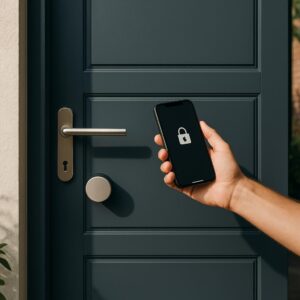 Hånd holder smartphone med låseikon foran moderne hoveddør.