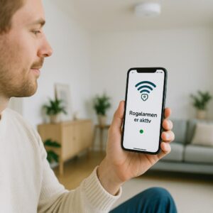 Mand kigger på telefon med teksten 'Røgalarmen er aktiv' i en stue.