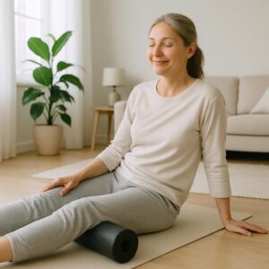 Kvinde sidder på en yogamåtte med lukkede øjne, afslappet i stuen med en grøn plante i baggrunden.