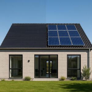 Moderne hus med solcellepaneler på taget under blå himmel.