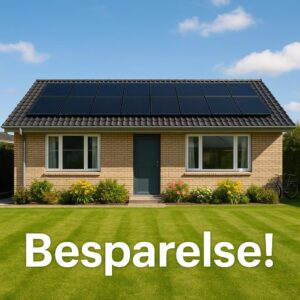 Hus med solpaneler på taget og teksten 'Besparelse!' i forgrunden.