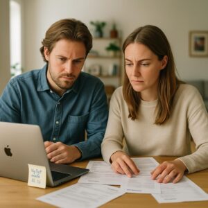 Par analyserer budgetdokumenter på en laptop i et hjemmekontor.