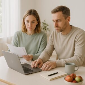 To personer arbejder seriøst på en bærbar computer med dokumenter på bordet.