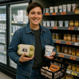 Person i en butik holder en kasse med æg og en skyr, med flere skyrprodukter på hylden bagved.