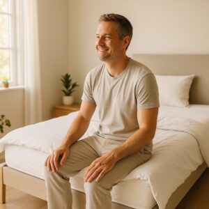 Mand sidder smilende på sengen i et lyst soveværelse med grønne planter.