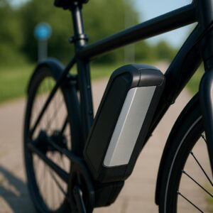 Sort elcykel med batteri monteret på rammen på en cykelsti.