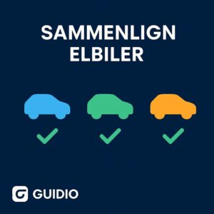 Tre farvede biler med flueben, teksten siger 'Sammenlign elbiler'.