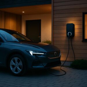Elektrisk bil oplader uden for hus i skumringen.